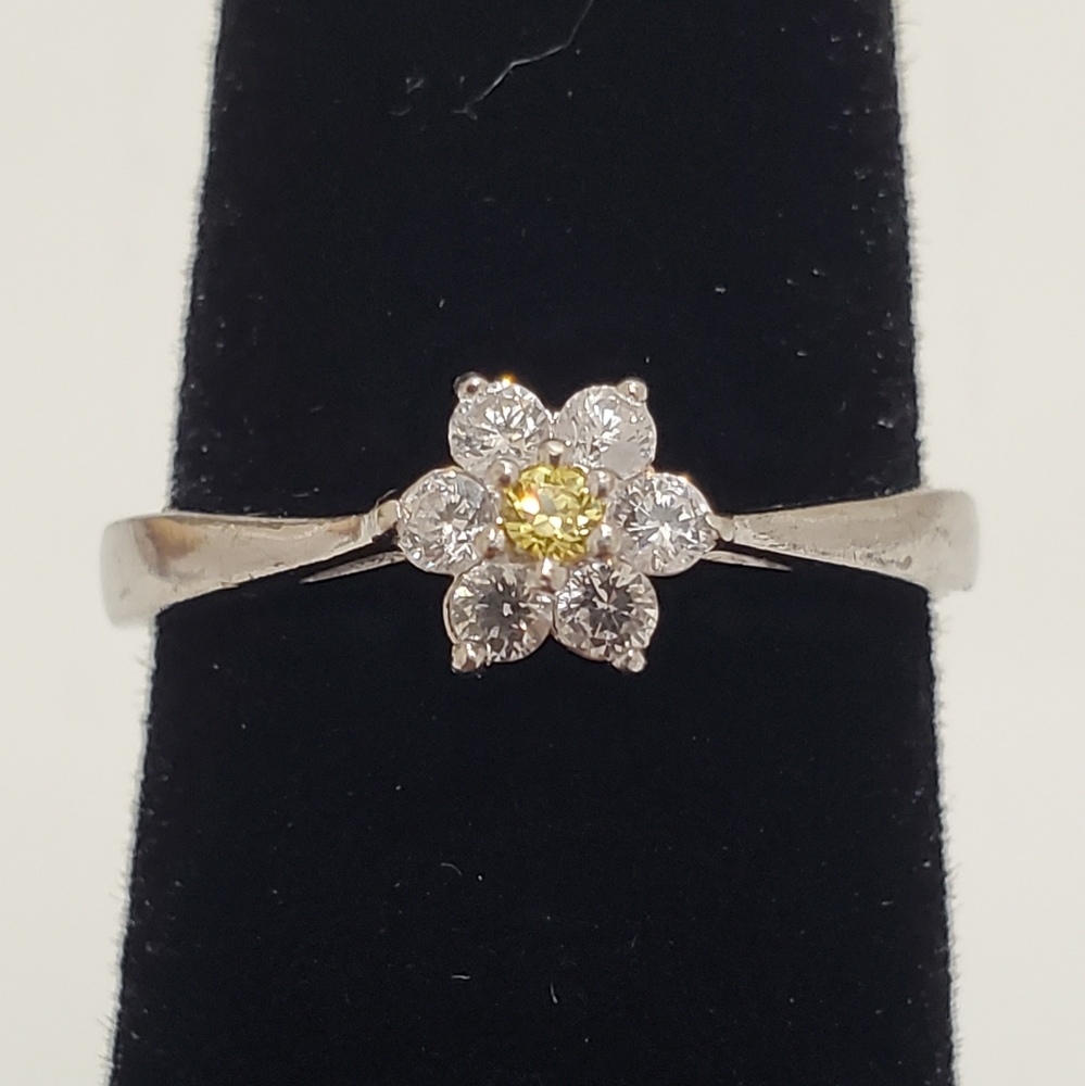 Citrine &‎ Simulated Diamond Flower Sterling Silver Ring